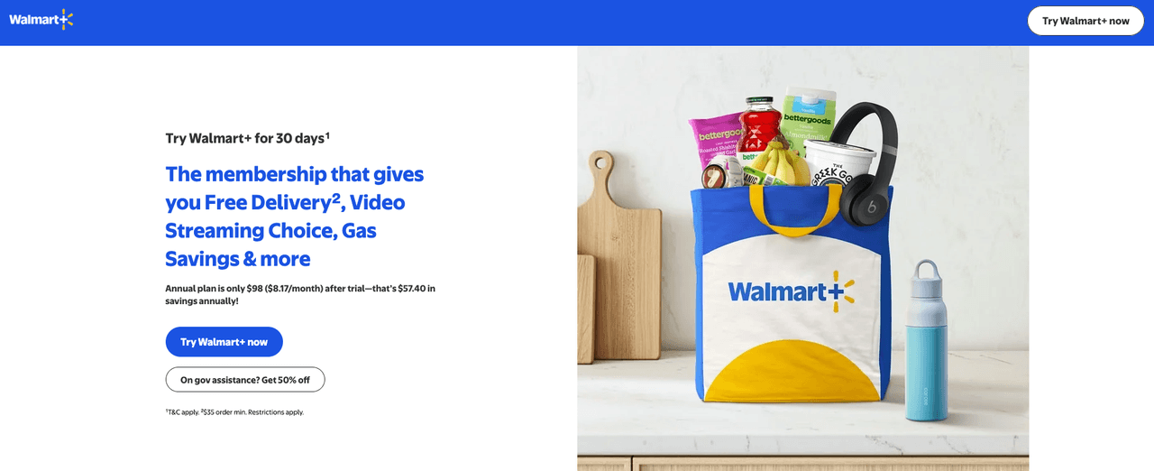 The official landing page showcasing benefits for users learning how to cancel Walmart Plus after their free trial.