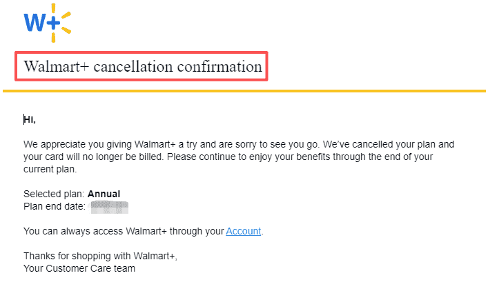 A screenshot of a confirmation email received after successfully following steps on how to cancel Walmart Plus.