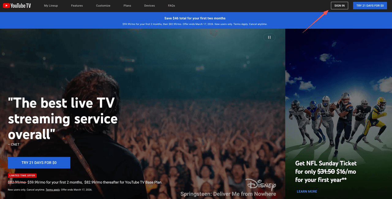 Homepage screenshot showing the sign-in button before you proceed to cancel youtube tv through google play subscriptions.