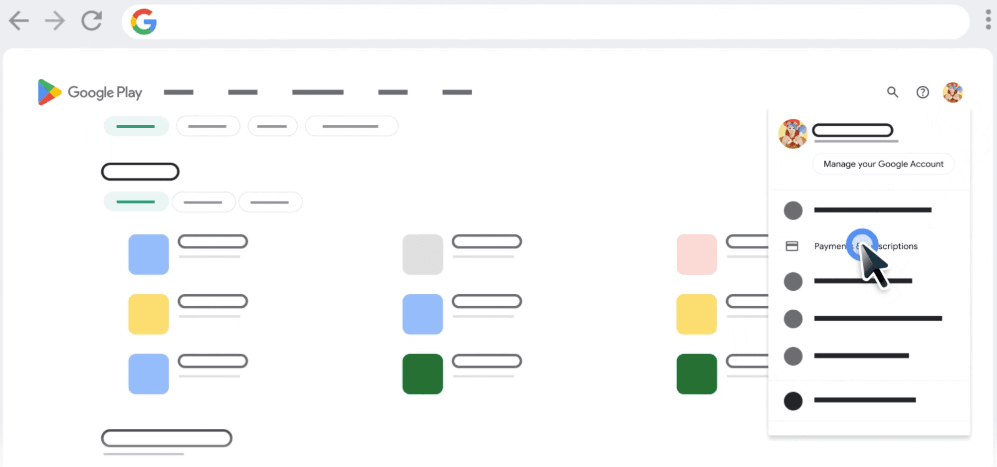 The Google Play Payments menu, an alternative method if you cannot cancel ChatGPT subscription on the website fast.