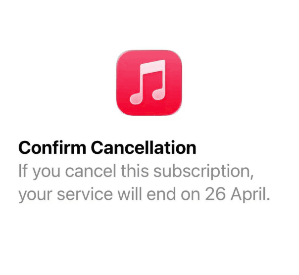 The confirmation popup you see when you cancel apple music free trial on iOS, showing the exact service end date.