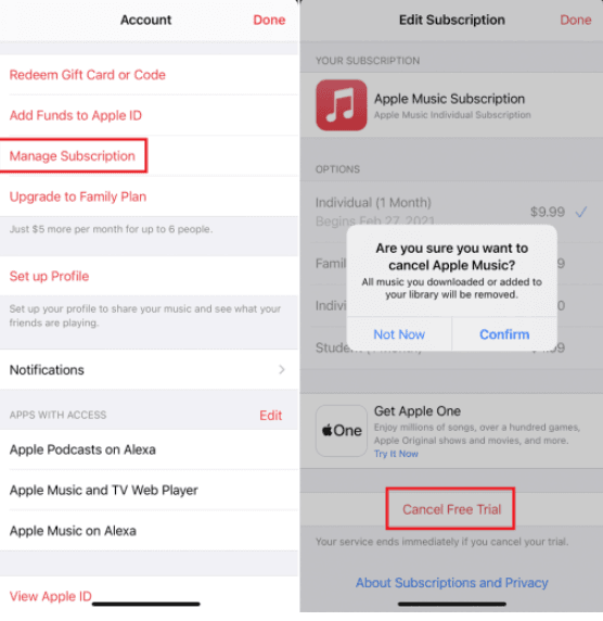 Tap Manage Subscription on your iPhone to quickly cancel apple music free trial before the promotional period ends.