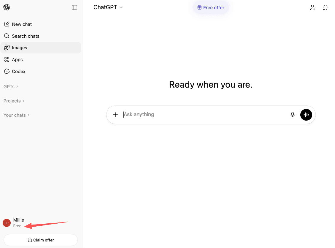 A user profile sidebar displaying the Free status, confirming you successfully managed to cancel ChatGPT subscription on the website fast.